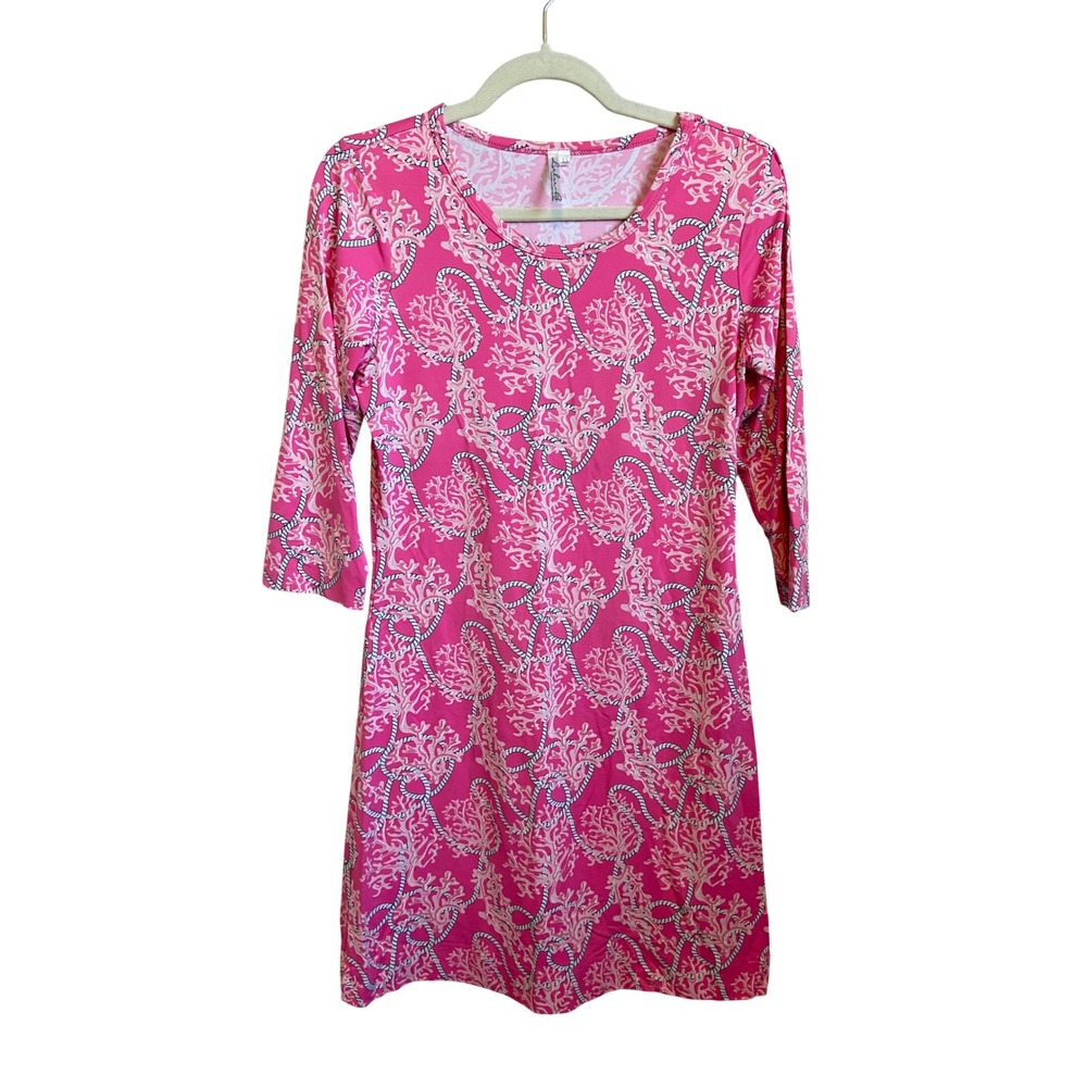 Lulu-B Womens XS Pink Coral Nautical Rope Print 3/4 Sleeve Shift Dress